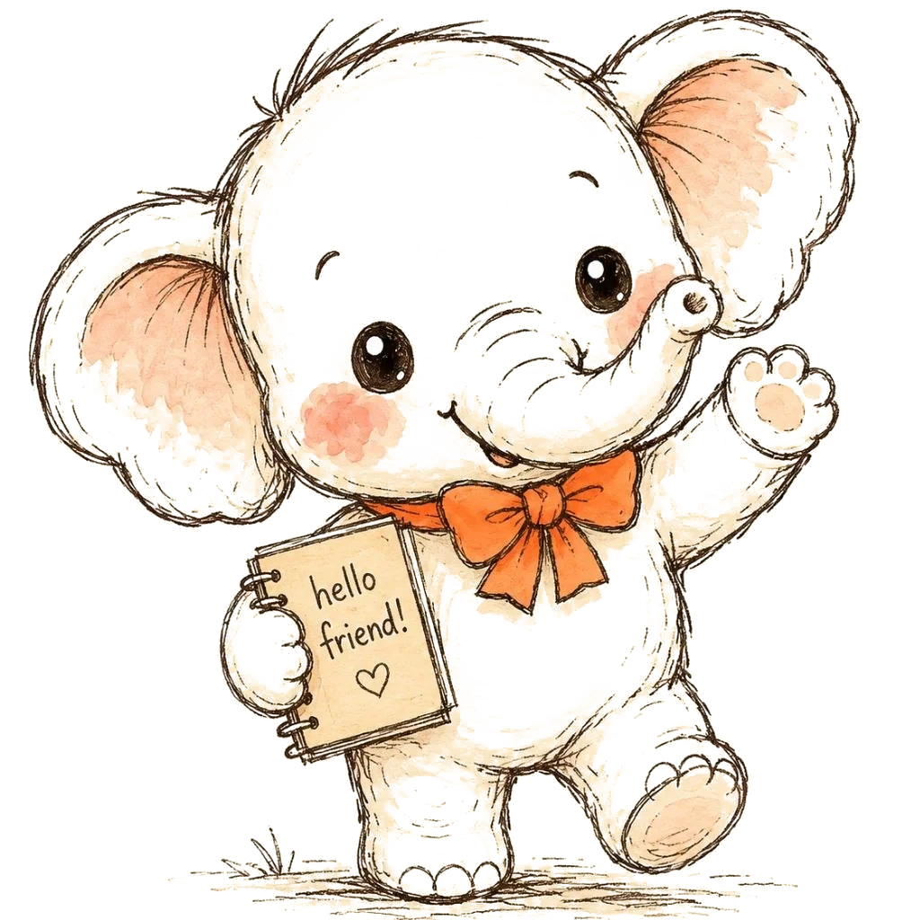 Memoria mode Temen Ngobrol — gajah melambai dengan notebook hello friend